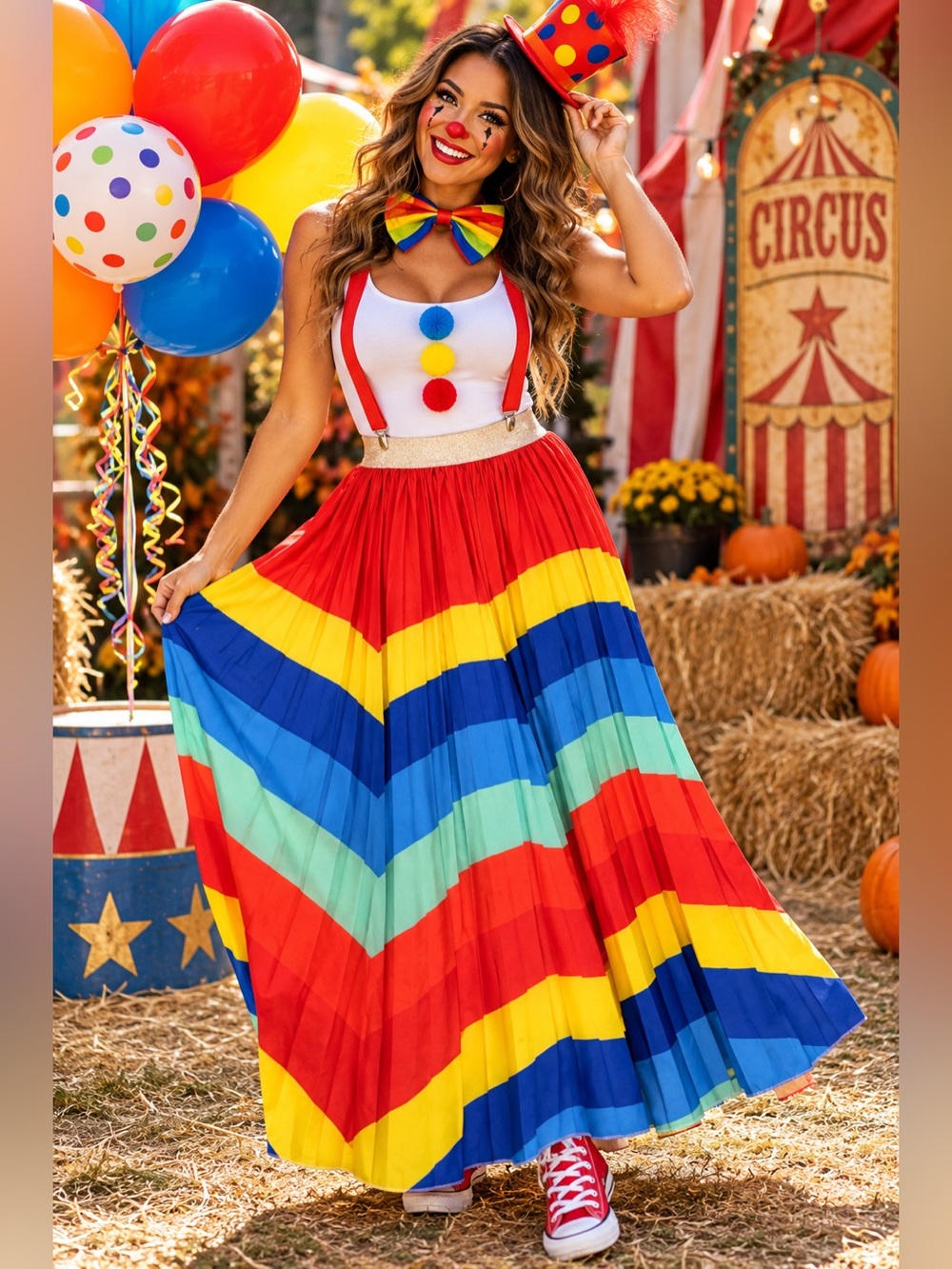 Colorful Pleated Maxi Skirt Rainbow Stripe Metallic Waistband Boho Statement